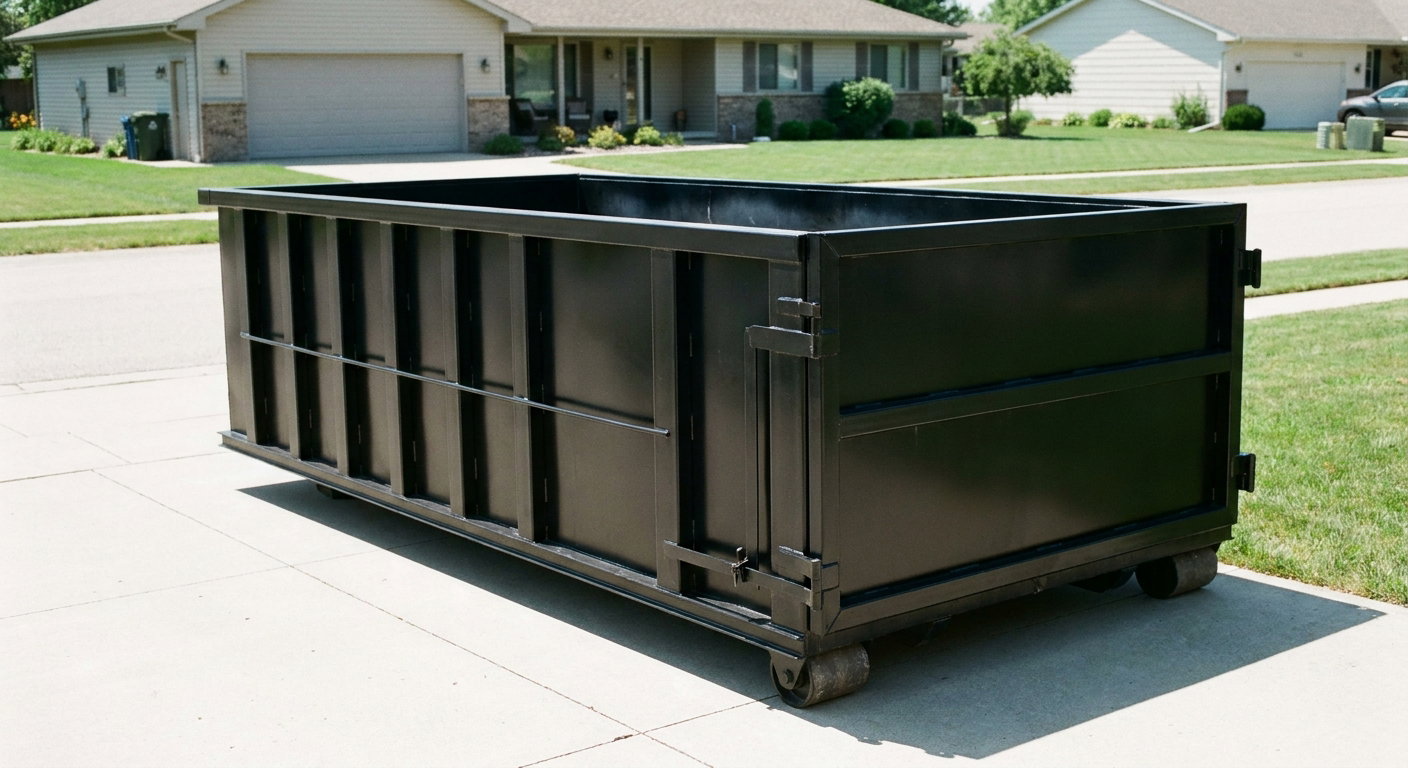 Matte-black 10-yard roll-off dumpster on a residential concrete driveway in Chelsea, uniformly painted matte black across every panel and rail, ribbed steel sidewalls and rear swing door visible, mid-day daylight.