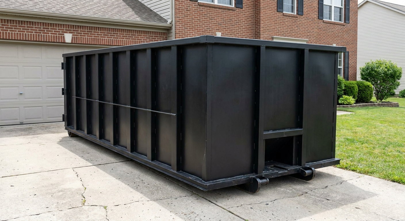 Matte-black 20-yard roll-off container on a Chelsea residential concrete driveway with reinforced ribbed steel sidewalls and a hinged rear walk-in door, clean bright daylight.