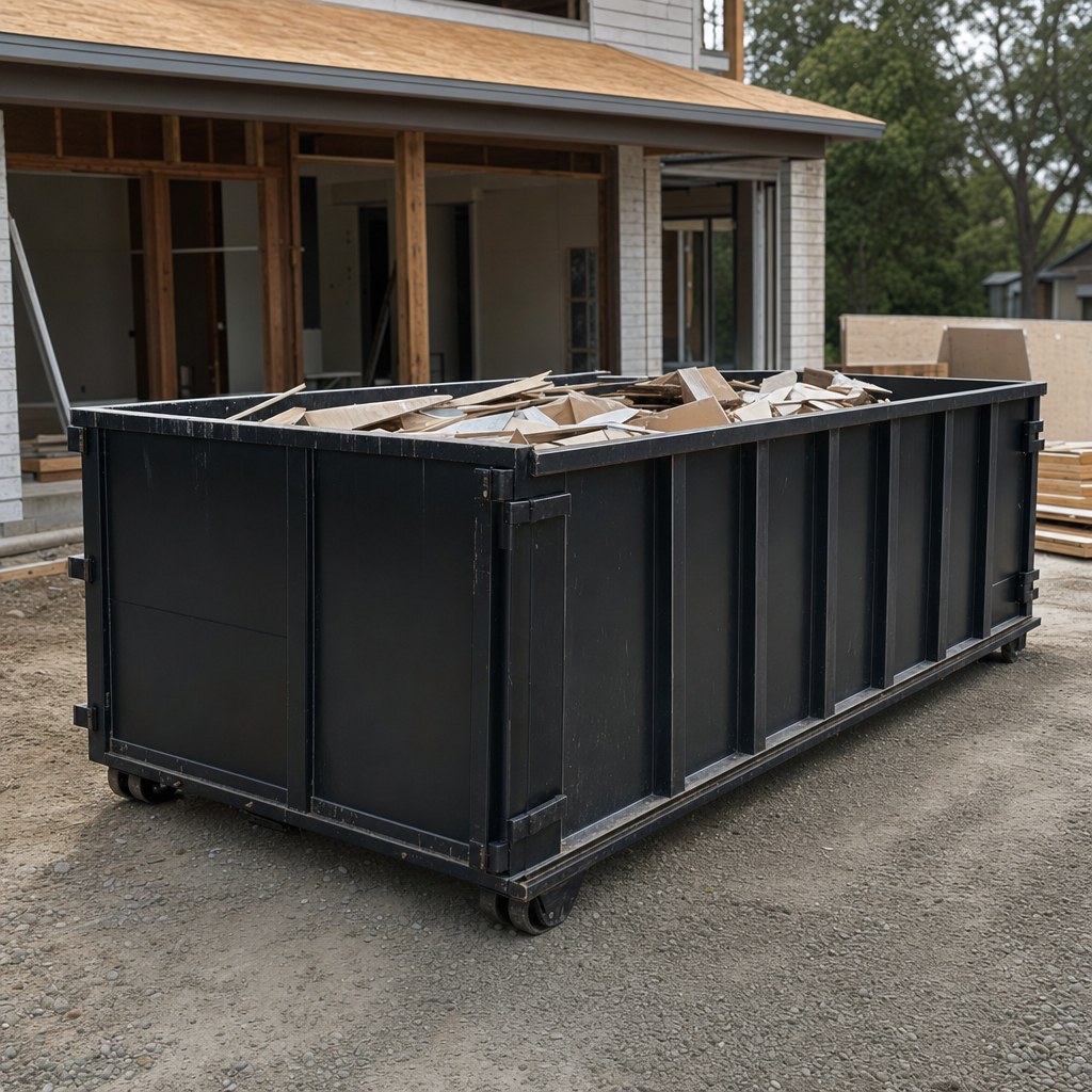 Large matte-black 30-yard construction roll-off dumpster at an active Chelsea jobsite, steel-gray top rails and bottom rollers visible, loaded with construction debris.