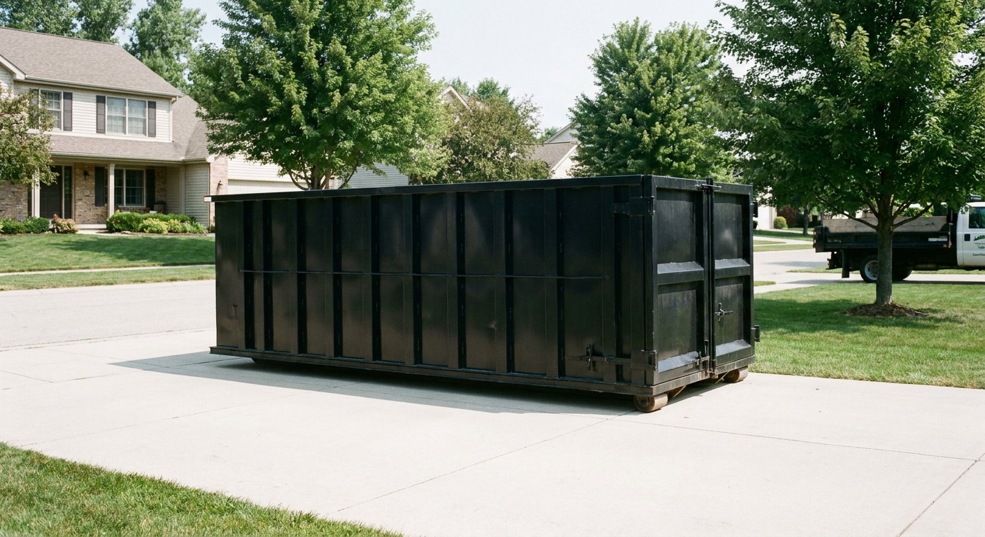 Matte-black 20-yard roll-off dumpster sitting level on a clean Chelsea residential concrete driveway under bright daylight, demonstrating clean placement directly on the concrete.