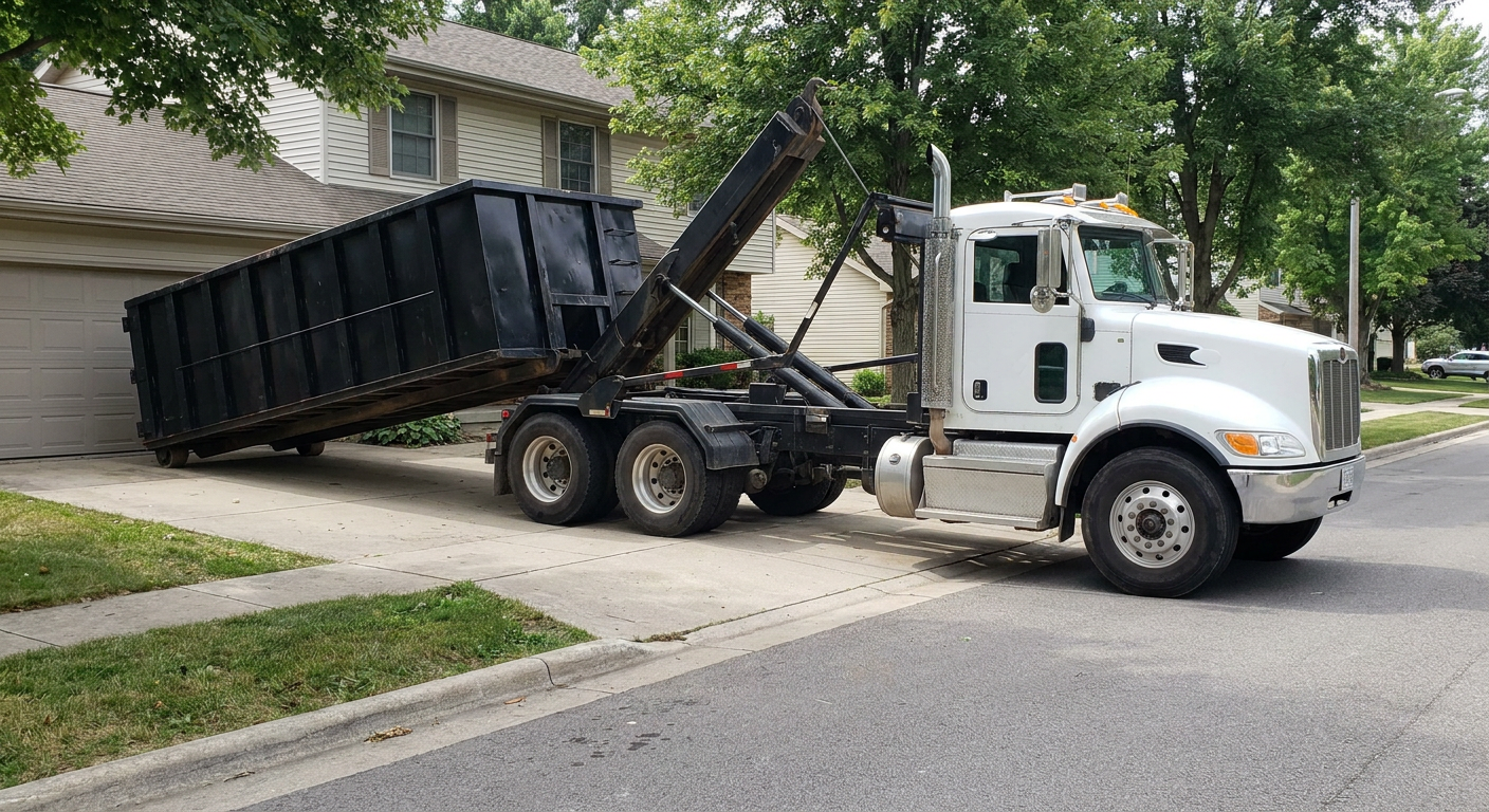 White-cab hooklift roll-off truck actively lowering a matte-black dumpster onto a Chelsea residential concrete driveway, the dumpster's rear wheels touching the driveway as the hoist arm tilts the bed forward, mid-morning daylight.
