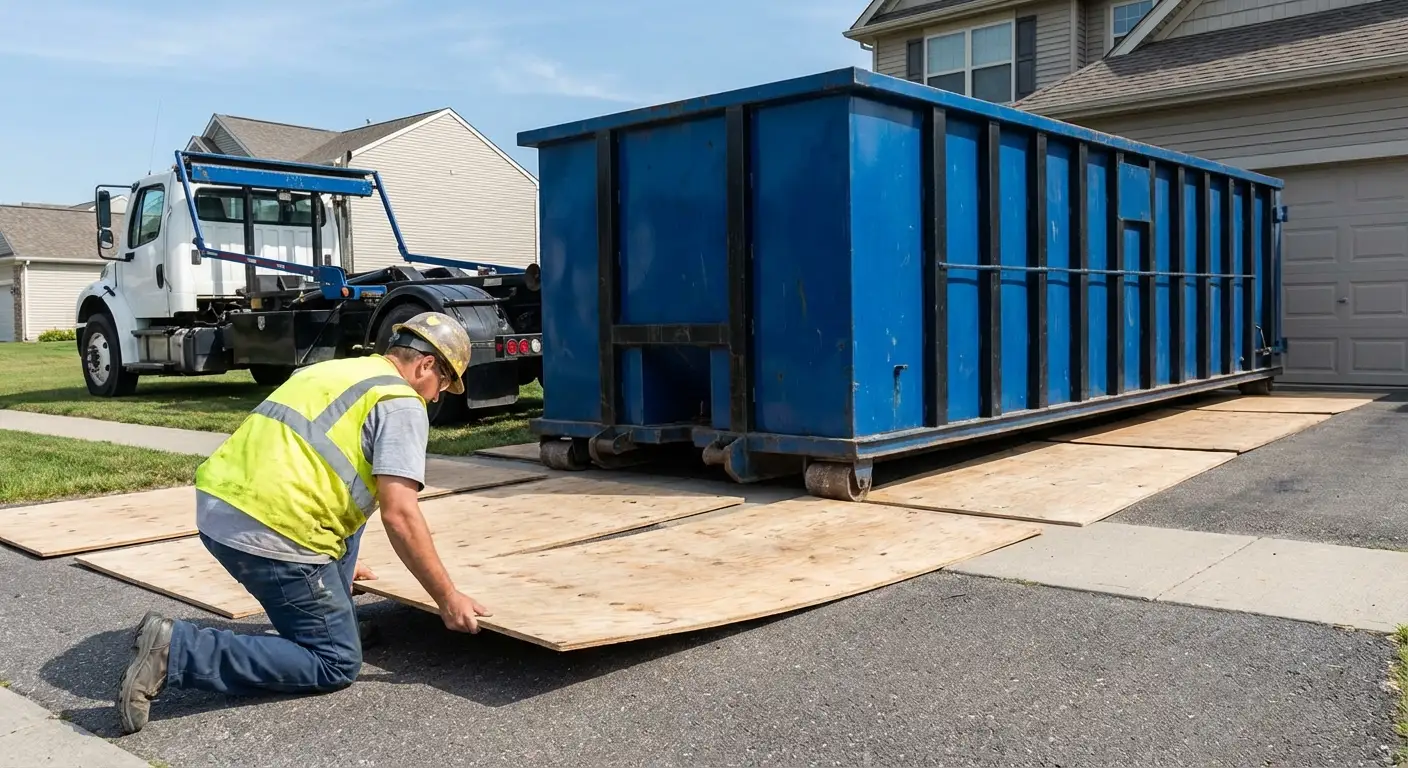 Driveway protection and delivery preparation for dumpster rental in Chelsea, MA