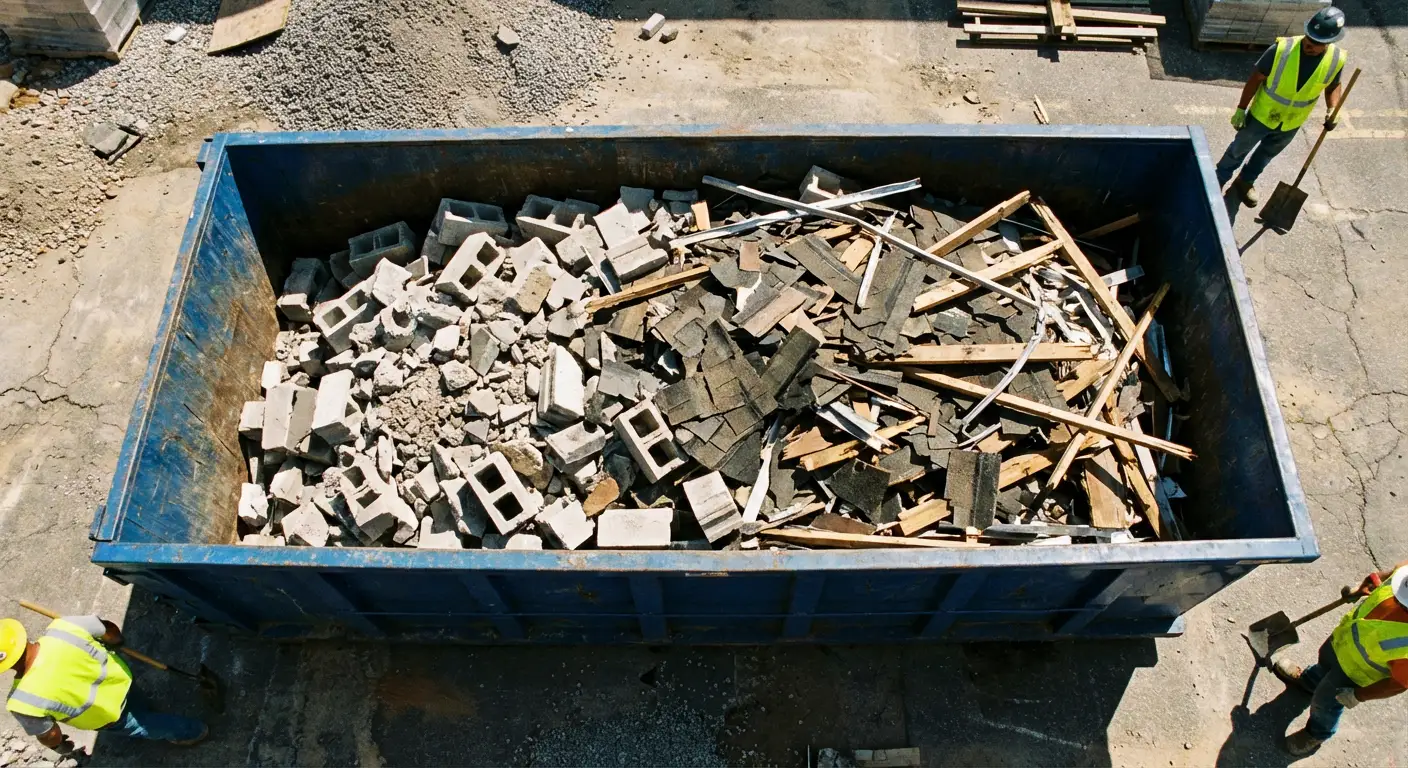 Roll-off dumpster loaded with construction debris in Chelsea, MA