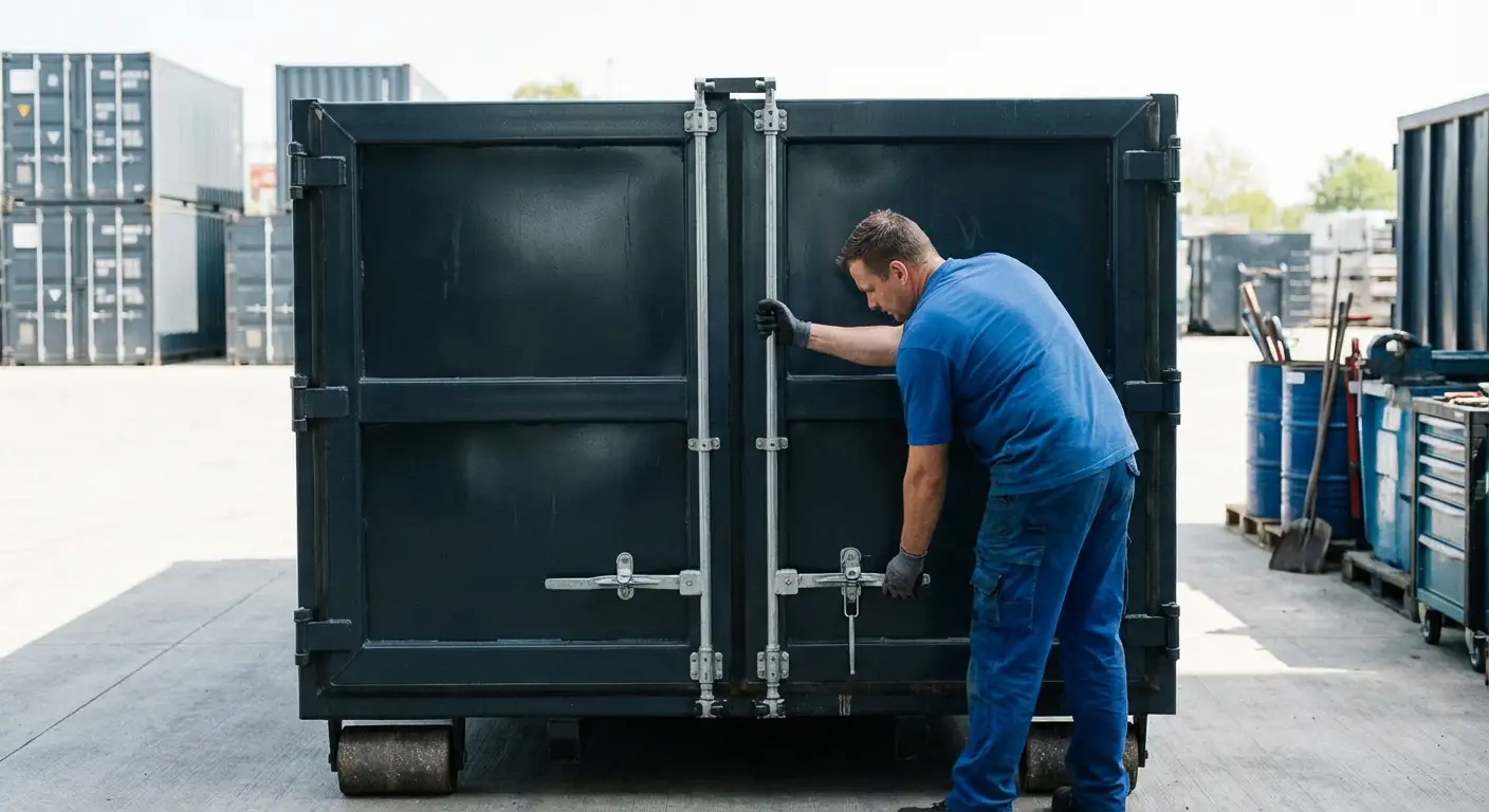 Dumpster walk-in loading door open showing easy access in Chelsea, MA