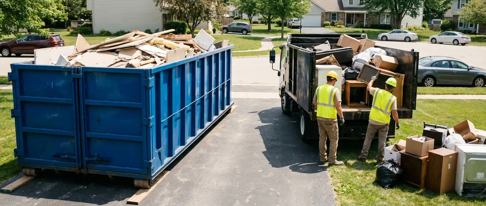 Dumpster rental versus junk removal service comparison showing capacity differences in Chelsea, MA